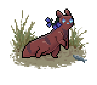 Pixel art of a red slugcat with darker red stripes. There are bluebells tucked behind one ear.